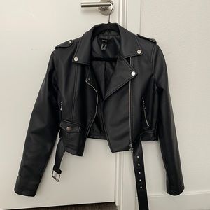 Black Faux Leather Cropped Motorcycle Jacket